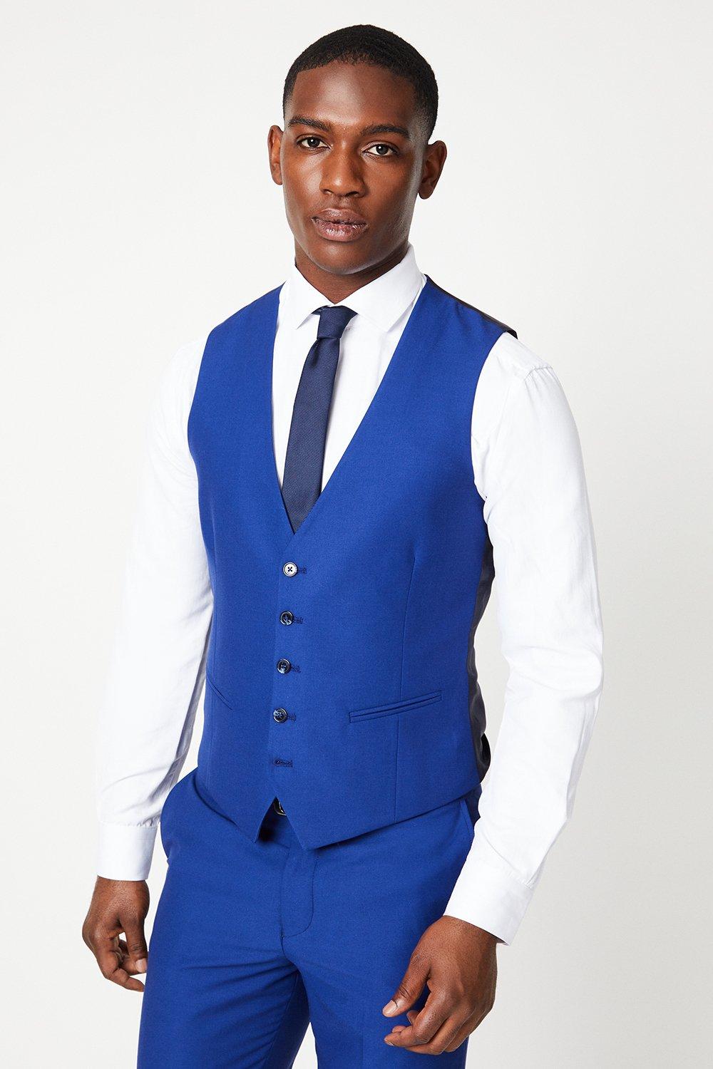 Mens Bright Blue Slim Fit Suit Waistcoat at Burton